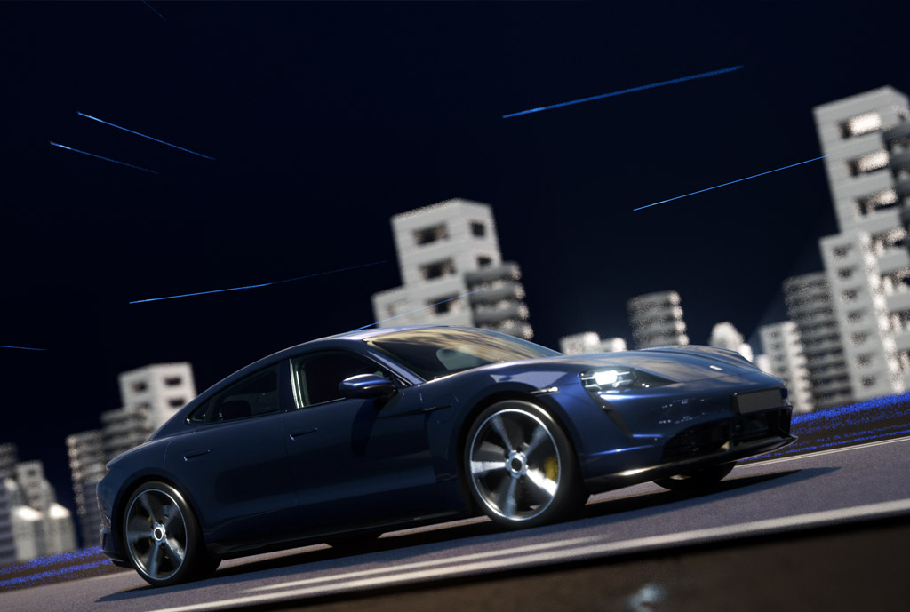 Blue electric car on automotive trade show floor.